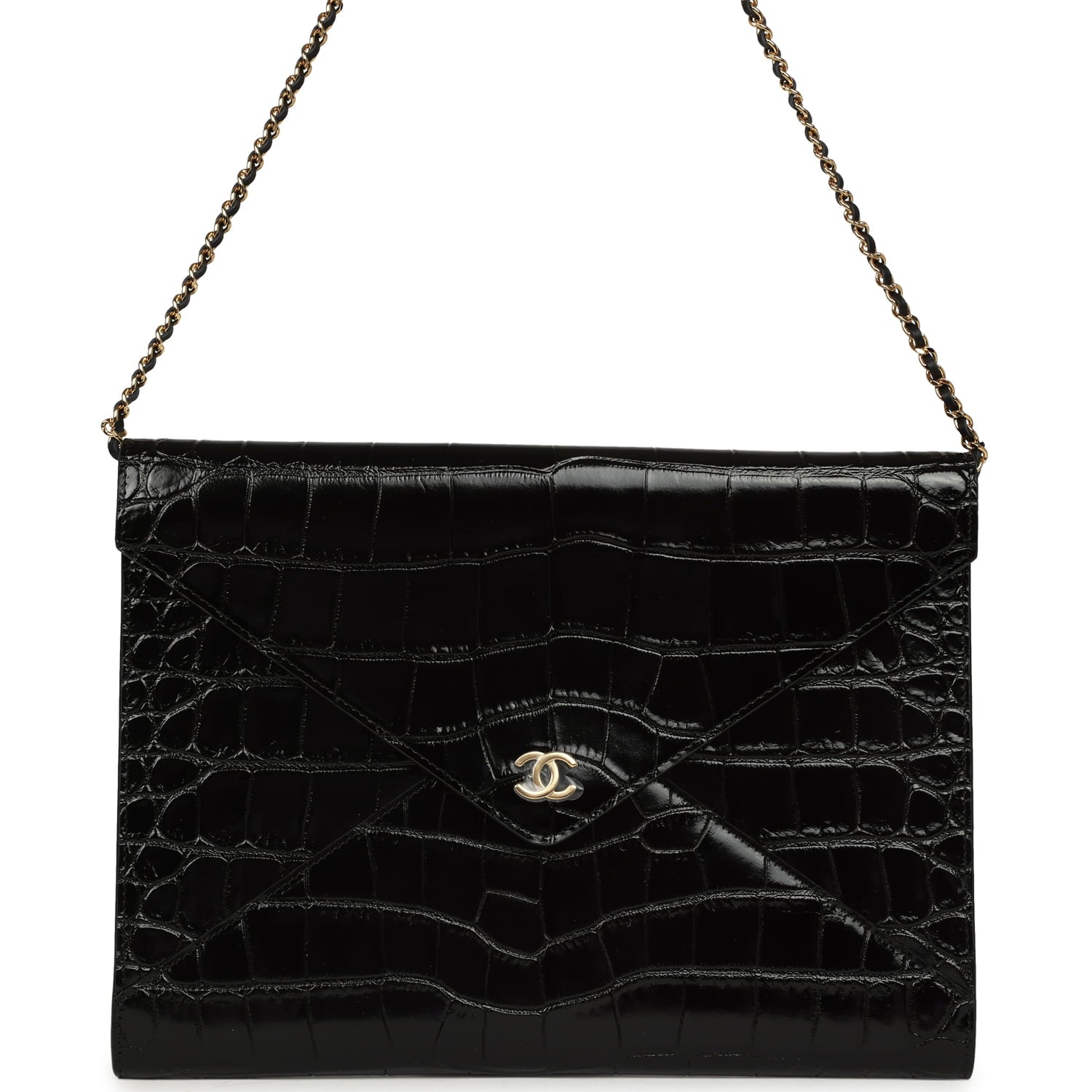 Chanel Envelope Clutch with Chain Black Croc Embossed Calfskin Gold Hardware