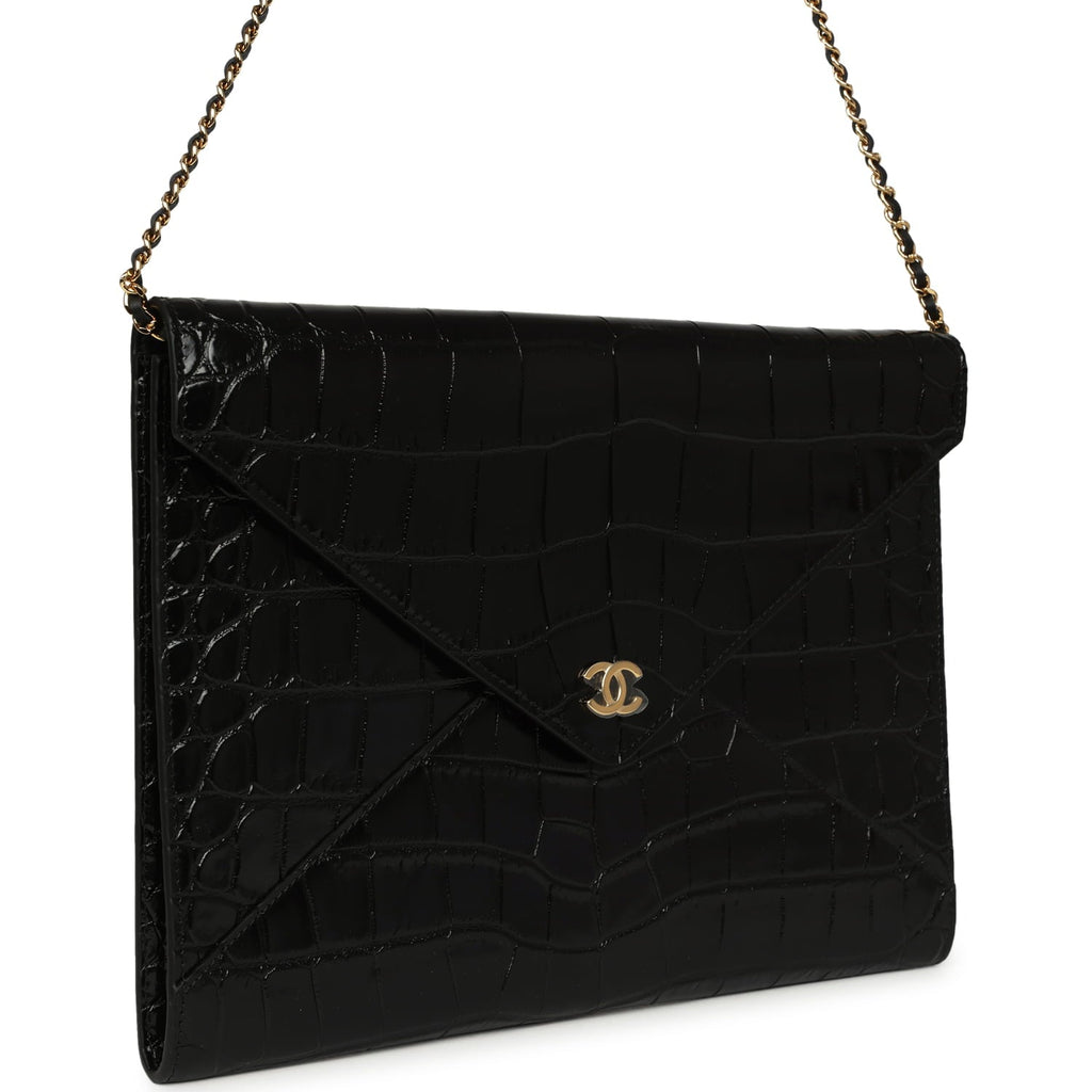 Chanel Envelope Clutch with Chain Black Croc Embossed Calfskin Gold Hardware