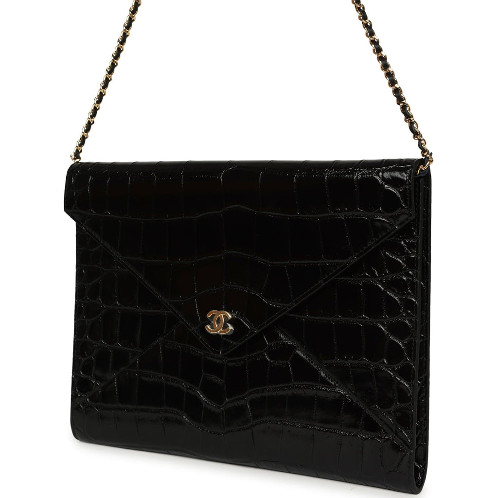 Chanel Envelope Clutch with Chain Black Croc Embossed Calfskin Gold Hardware
