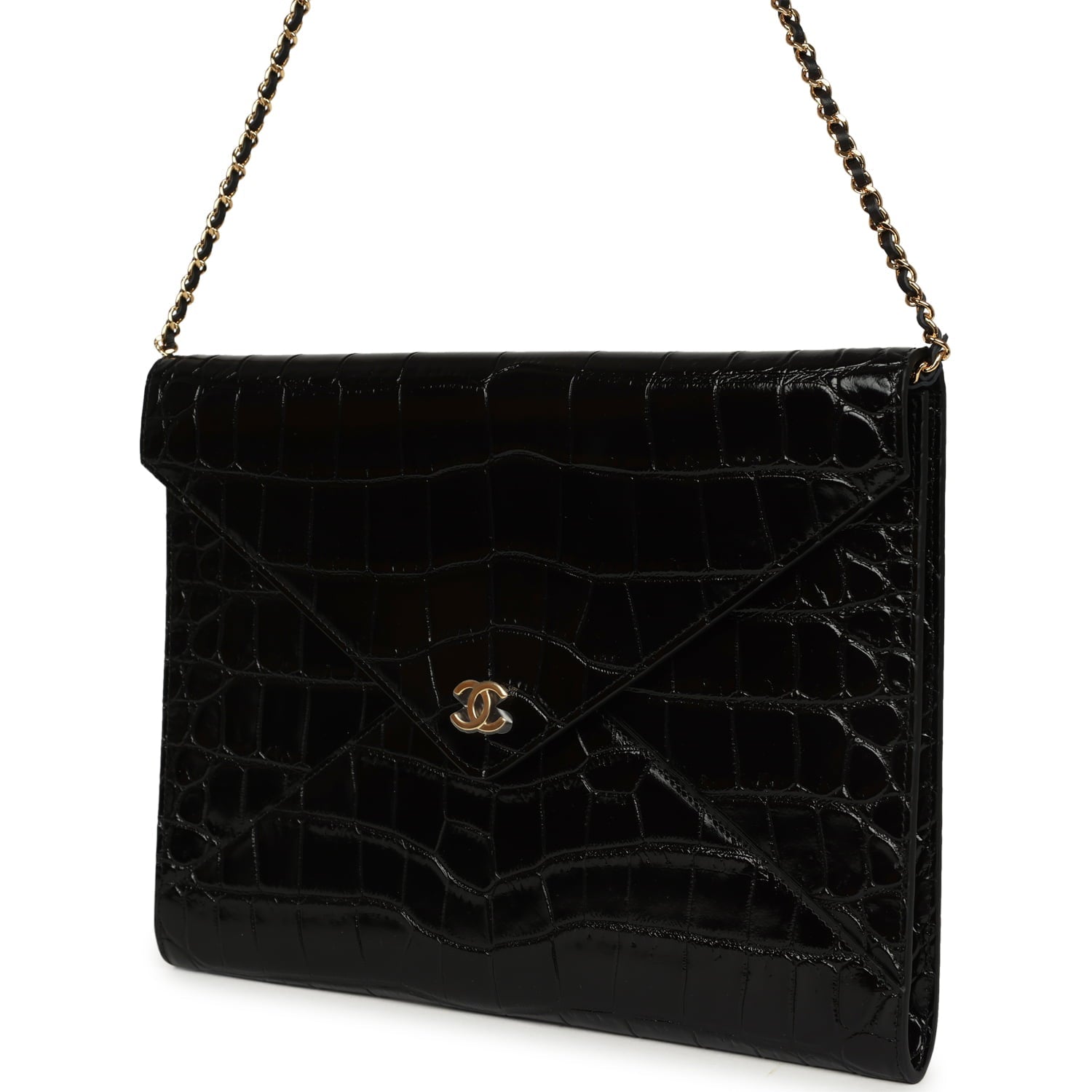 Chanel Envelope Clutch with Chain Black Croc Embossed Calfskin Gold Hardware