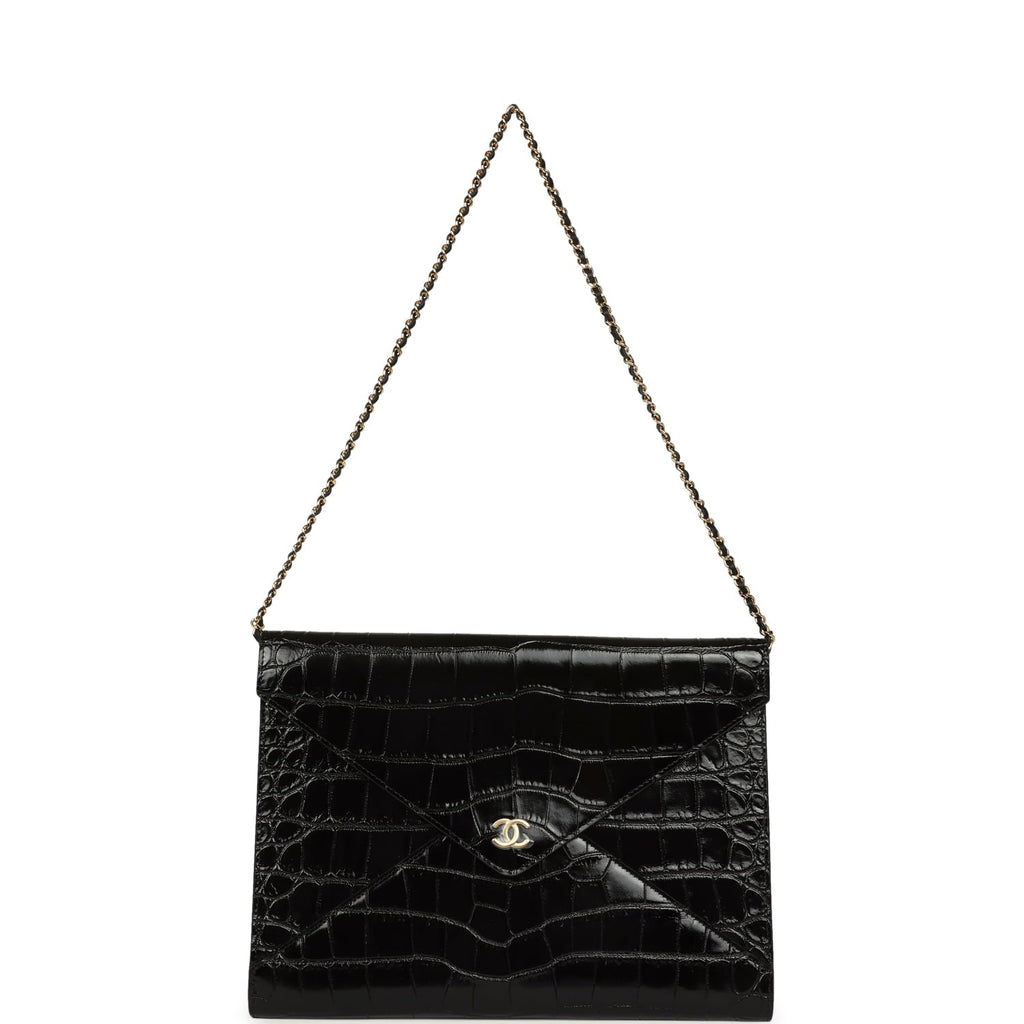Chanel Envelope Clutch with Chain Black Croc Embossed Calfskin Gold Hardware