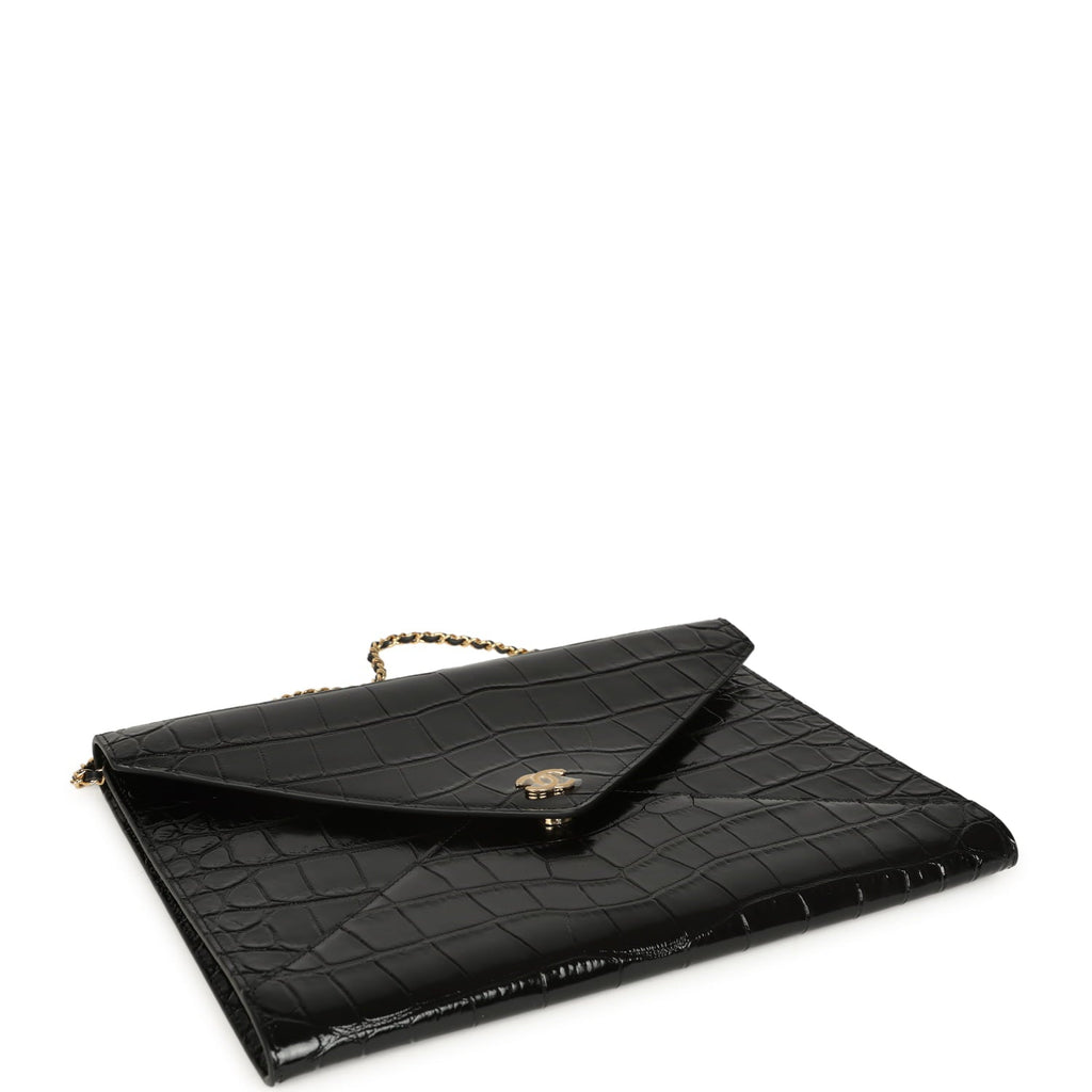Chanel Envelope Clutch with Chain Black Croc Embossed Calfskin Gold Hardware