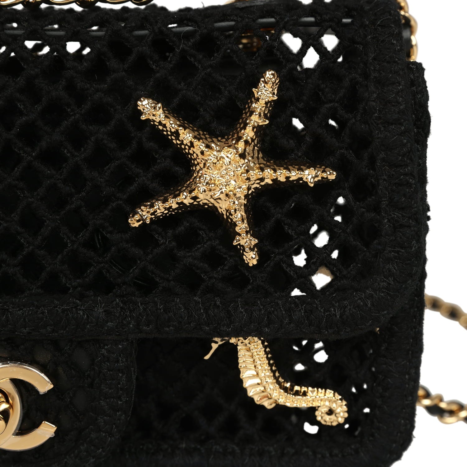 Chanel Small Coco Beach Macrame Charms Flap Bag Black Mesh Gold Hardware