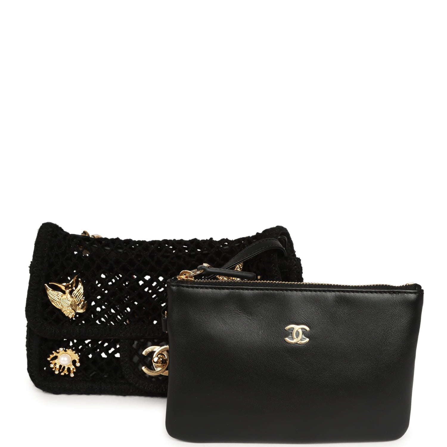 Chanel Small Coco Beach Macrame Charms Flap Bag Black Mesh Gold Hardware