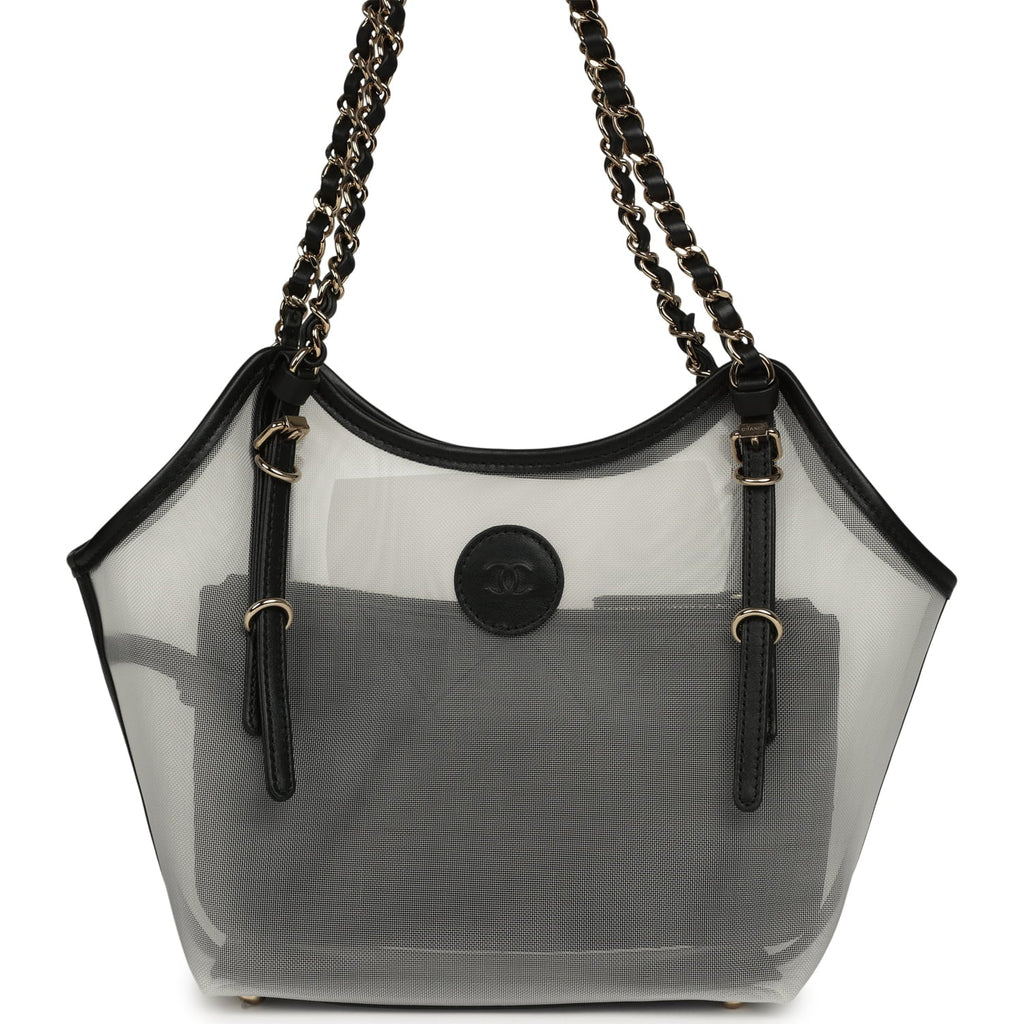 Chanel Small Coco Beach Shopping Bag Transparent Mesh and Black Calfskin Light Gold Hardware