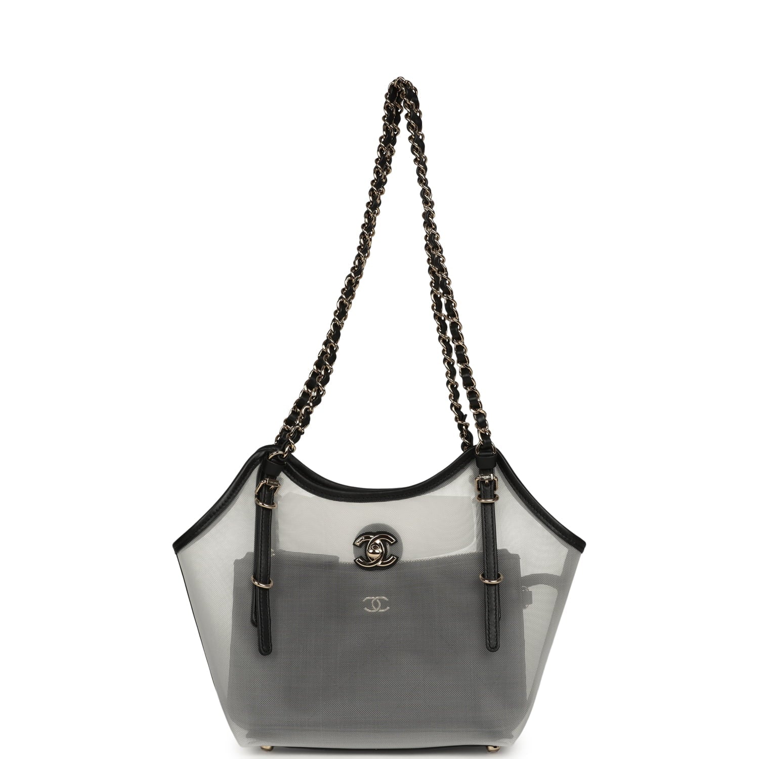 Chanel Small Coco Beach Shopping Bag Transparent Mesh and Black Calfskin Light Gold Hardware