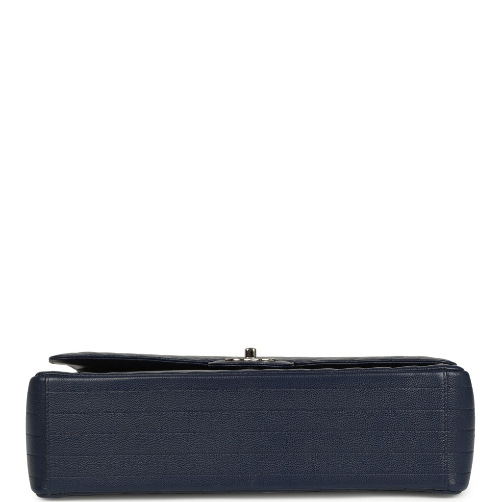 Chanel Maxi Classic Chevron Double Flap Bag Dark Blue Caviar Silver Hardware