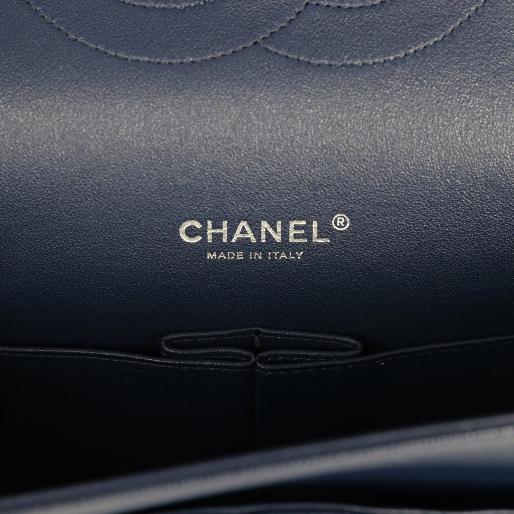 Chanel Maxi Classic Chevron Double Flap Bag Dark Blue Caviar Silver Hardware