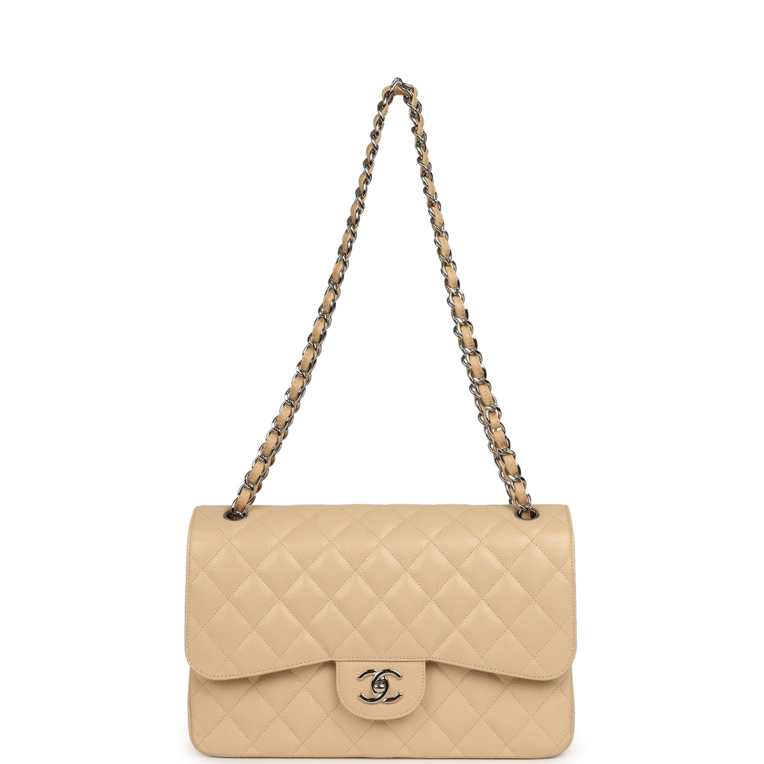 Pre-owned Chanel Jumbo Classic Double Flap Bag Light Beige Caviar Silver Hardware