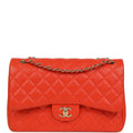 Pre-owned Chanel Jumbo Classic Double Flap Bag Dark Orange Shiny Caviar Light Gold Hardware
