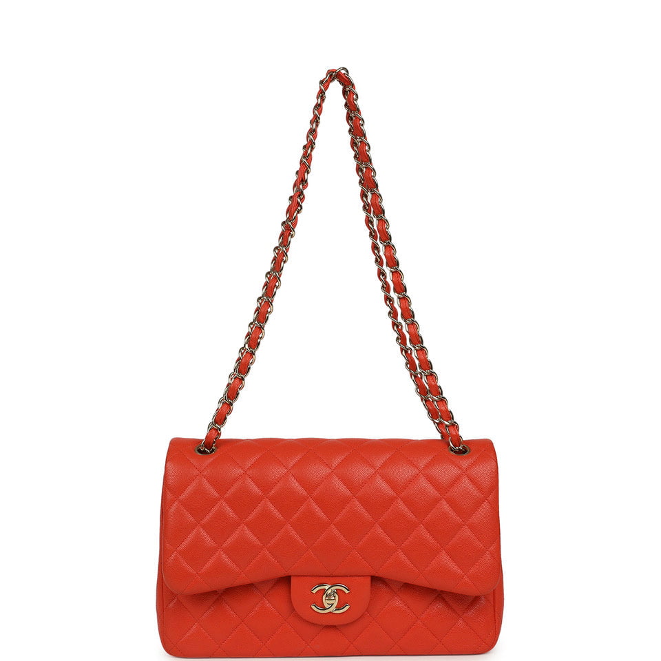 Pre-owned Chanel Jumbo Classic Double Flap Bag Dark Orange Shiny Caviar Light Gold Hardware