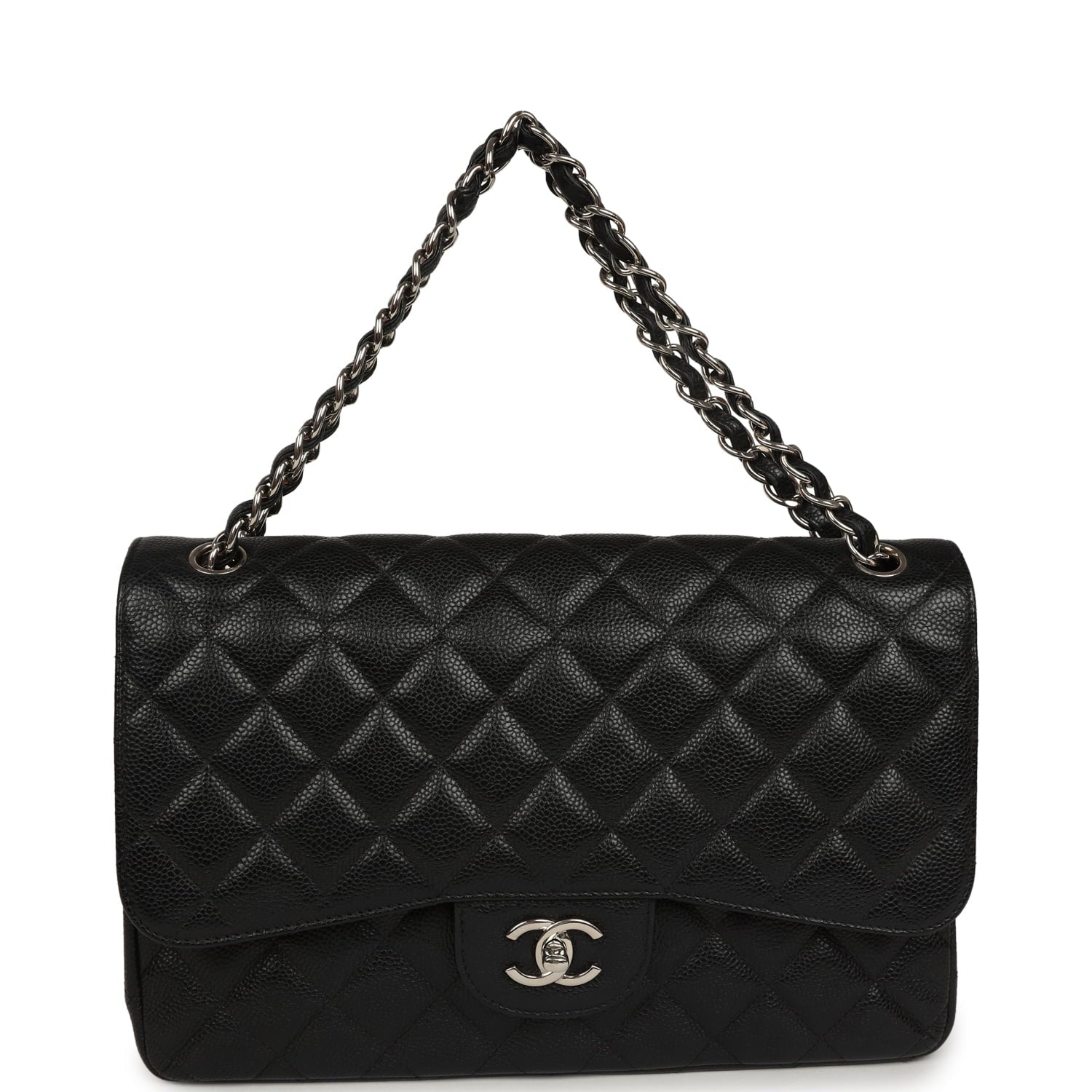 Pre-owned Chanel Jumbo Classic Double Flap Bag Black Caviar Silver Hardware