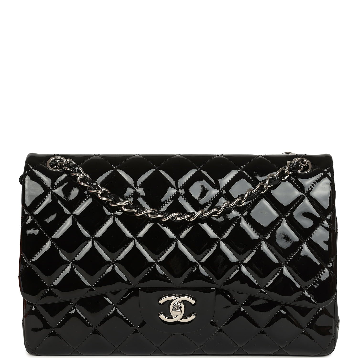 Pre-owned Chanel Jumbo Classic Double Flap Bag Black Patent Silver Hardware