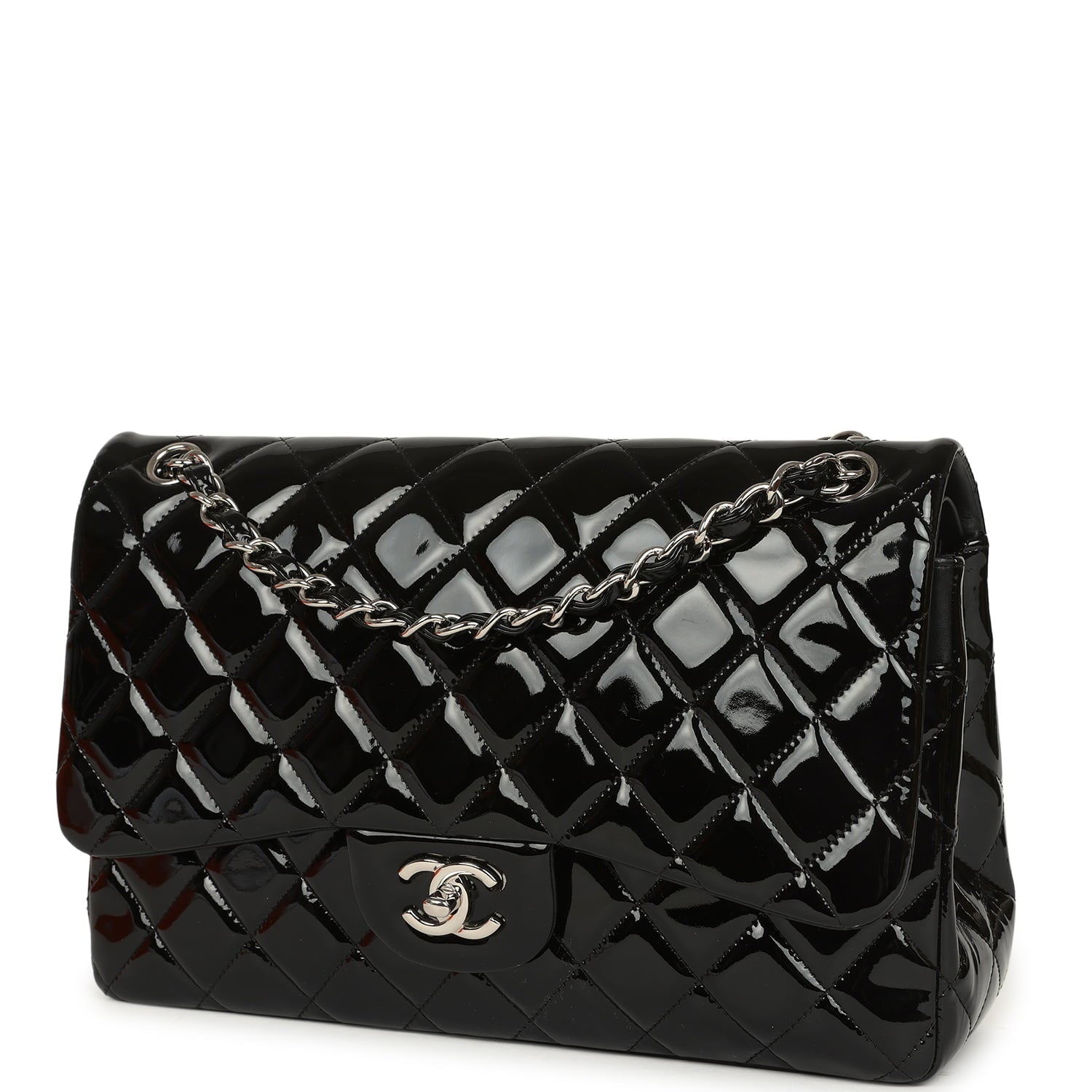 Pre-owned Chanel Jumbo Classic Double Flap Bag Black Patent Silver Hardware