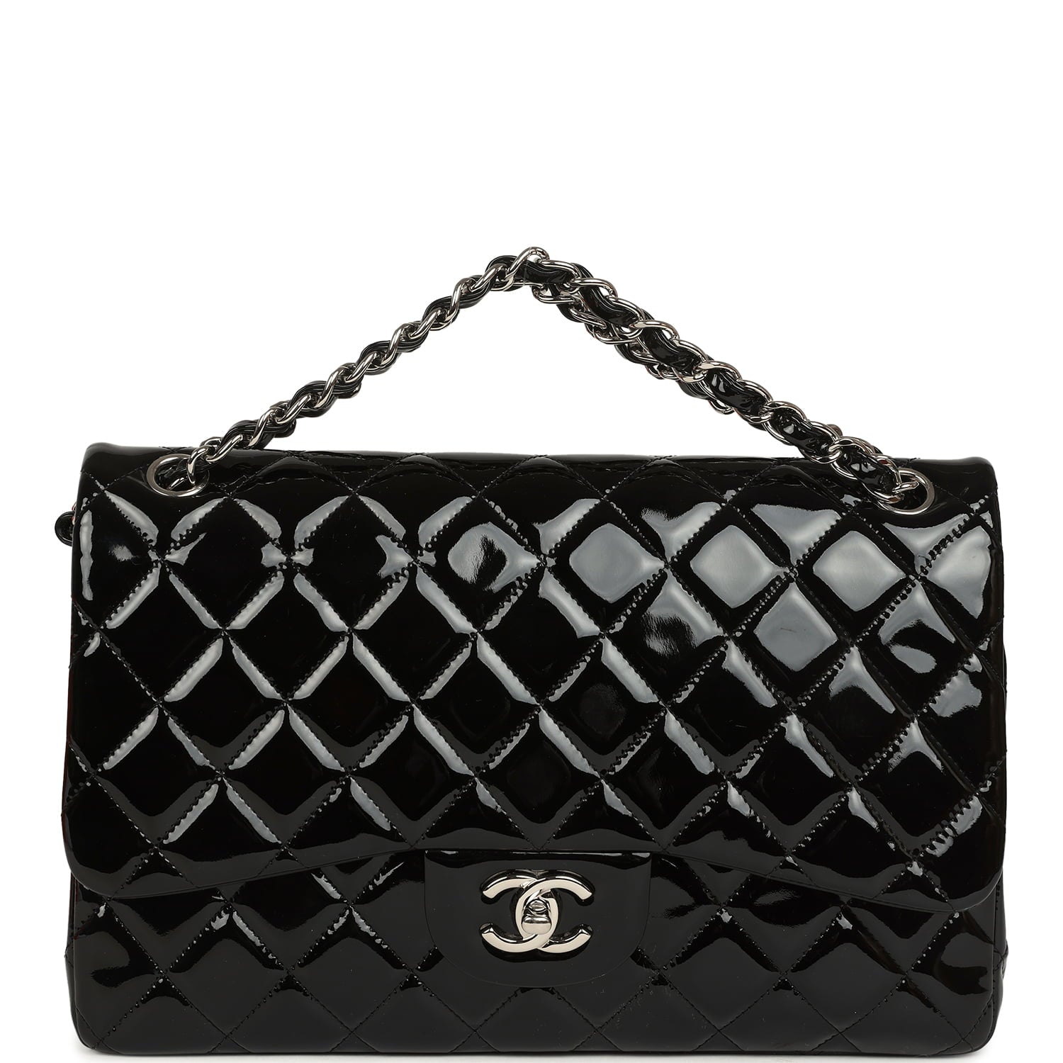 Pre-owned Chanel Jumbo Classic Double Flap Bag Black Patent Silver Hardware