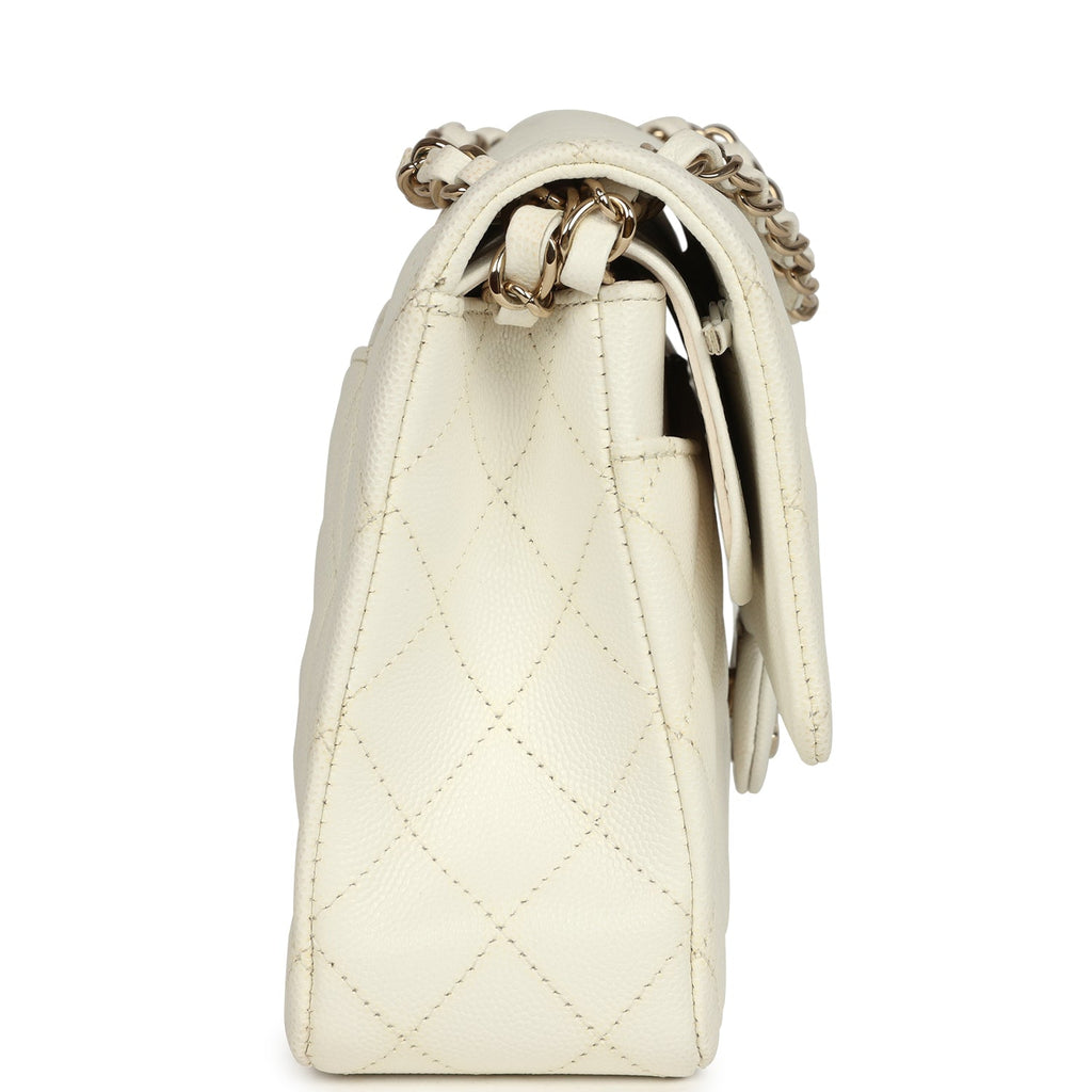 Pre-owned Chanel Medium Classic Double Flap White Caviar Light Gold Hardware