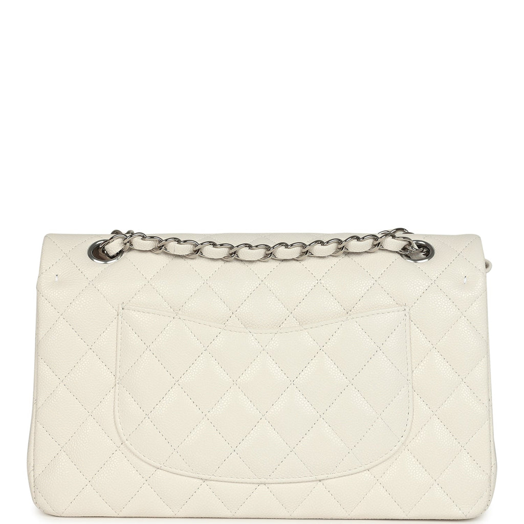 Pre-owned Chanel Medium Classic Double Flap White Shiny Caviar Silver Hardware