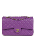Pre-owned Chanel Medium Classic Double Flap Bag Dark Purple Shiny Caviar Light Gold Hardware