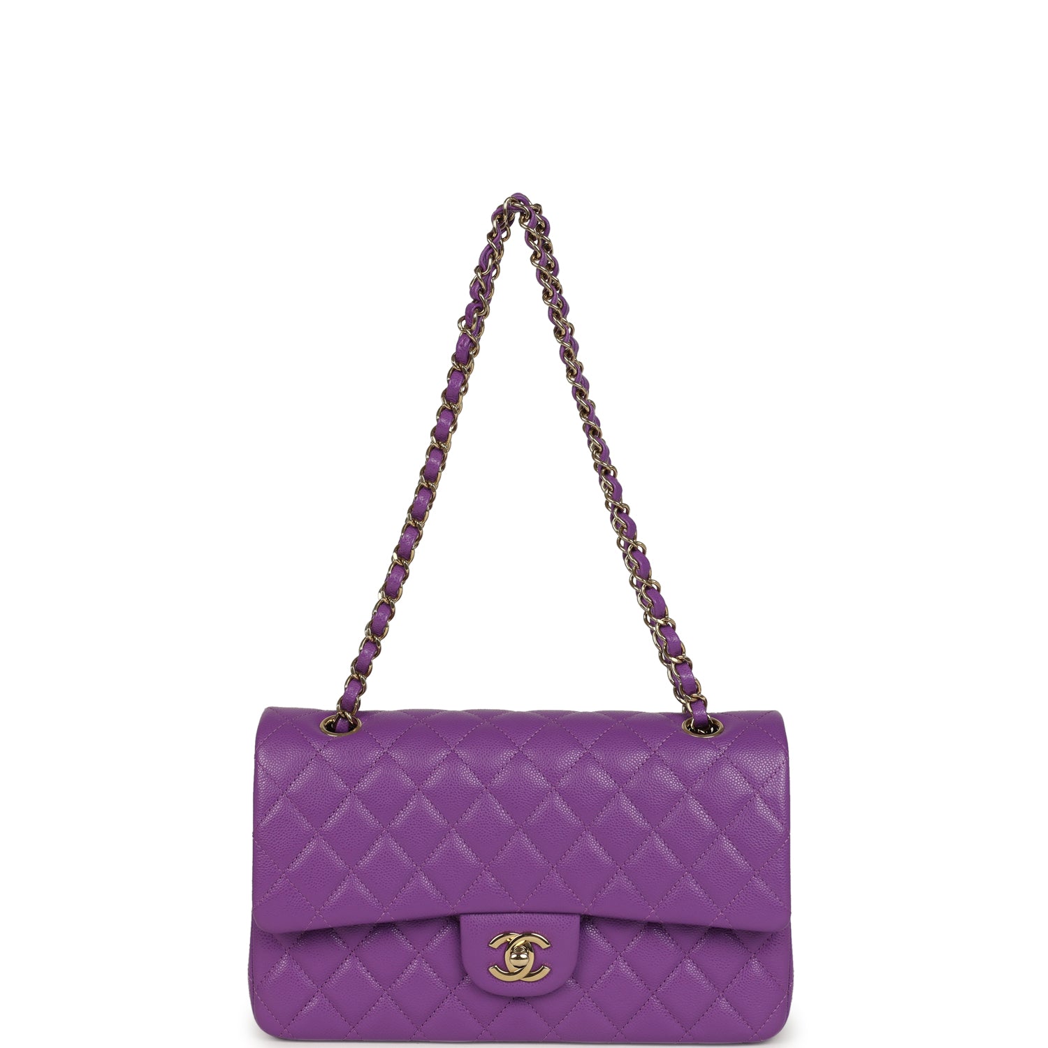 Pre-owned Chanel Medium Classic Double Flap Bag Dark Purple Shiny Caviar Light Gold Hardware