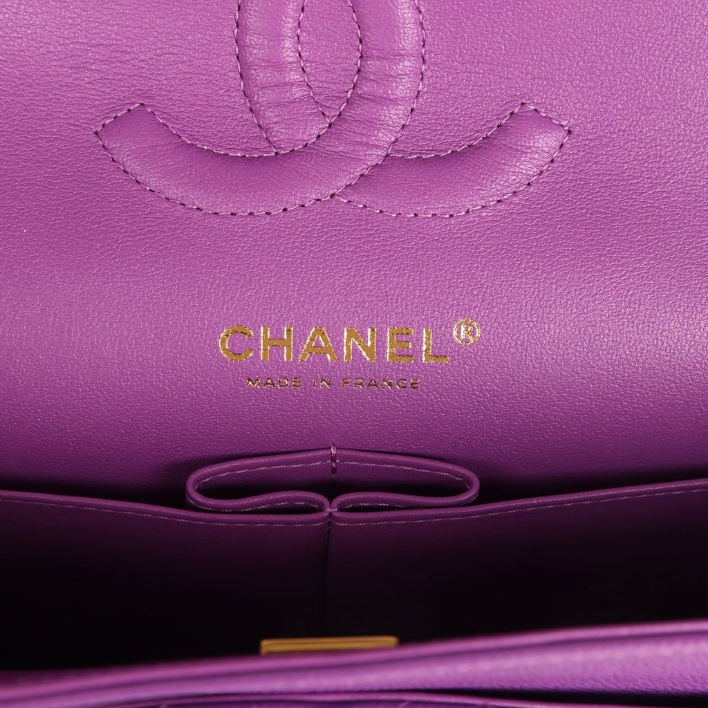 Pre-owned Chanel Medium Classic Double Flap Bag Dark Purple Shiny Caviar Light Gold Hardware