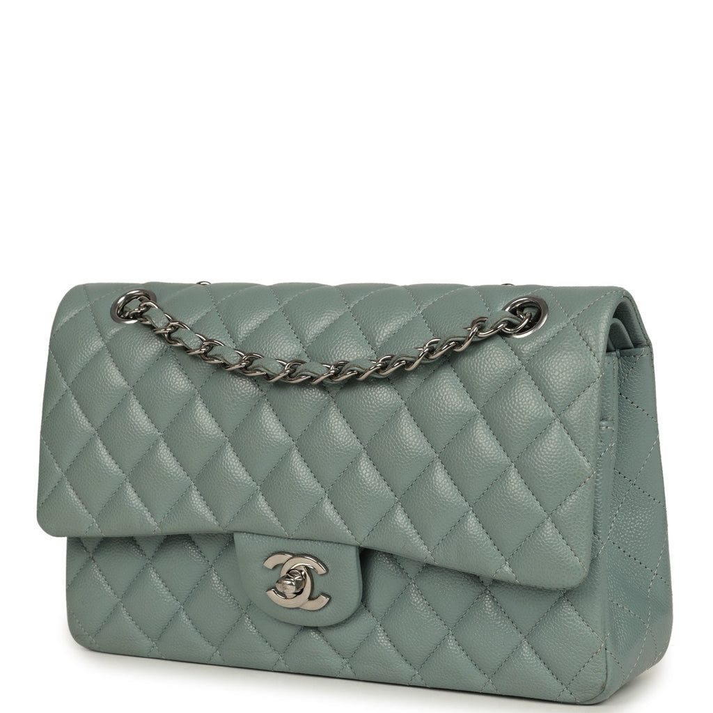 Pre-owned Chanel Medium Classic Double Flap Bag Blue Shiny Caviar Silver Hardware