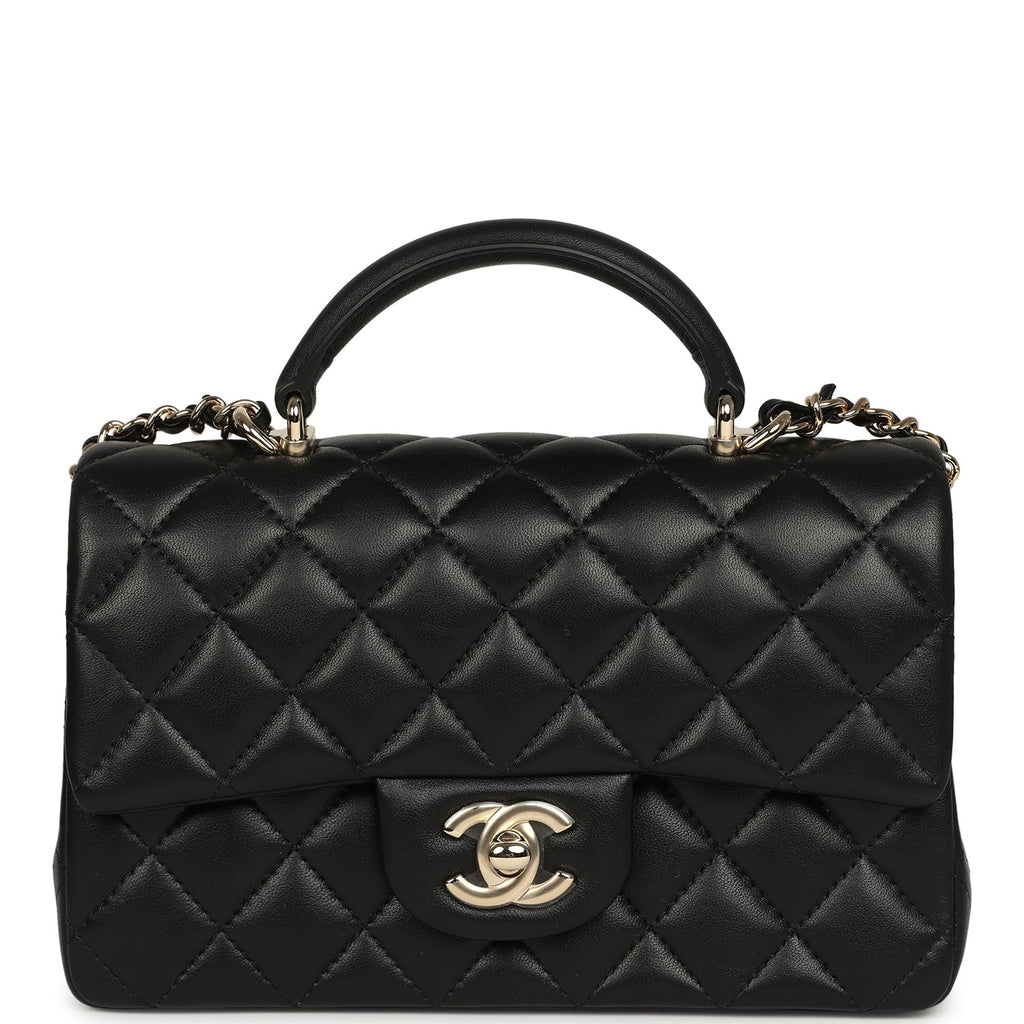 Chanel Mini Rectangular Top Handle Flap Bag Black Lambskin Light Gold Hardware