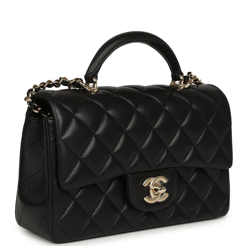 Chanel Mini Rectangular Top Handle Flap Bag Black Lambskin Light Gold Hardware