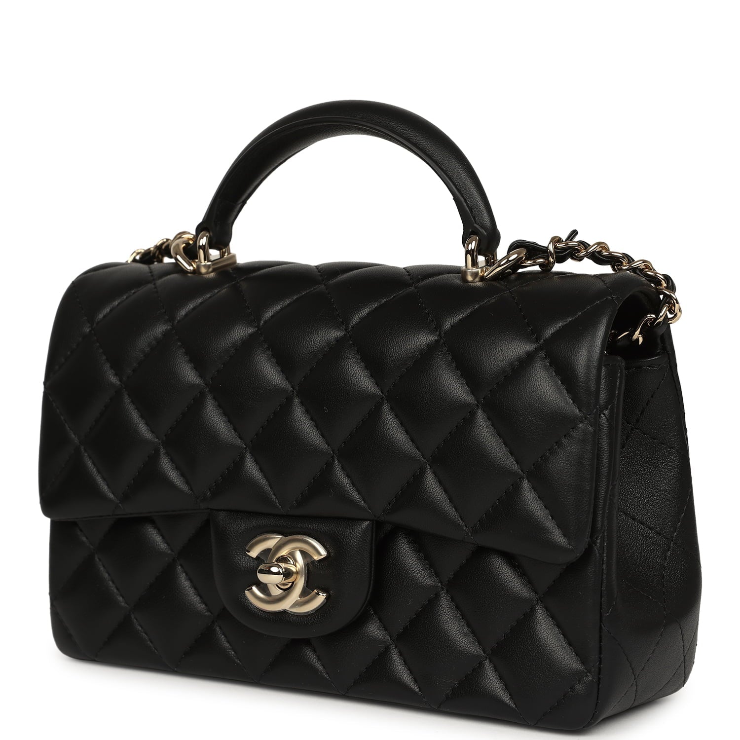 Chanel Mini Rectangular Top Handle Flap Bag Black Lambskin Light Gold Hardware