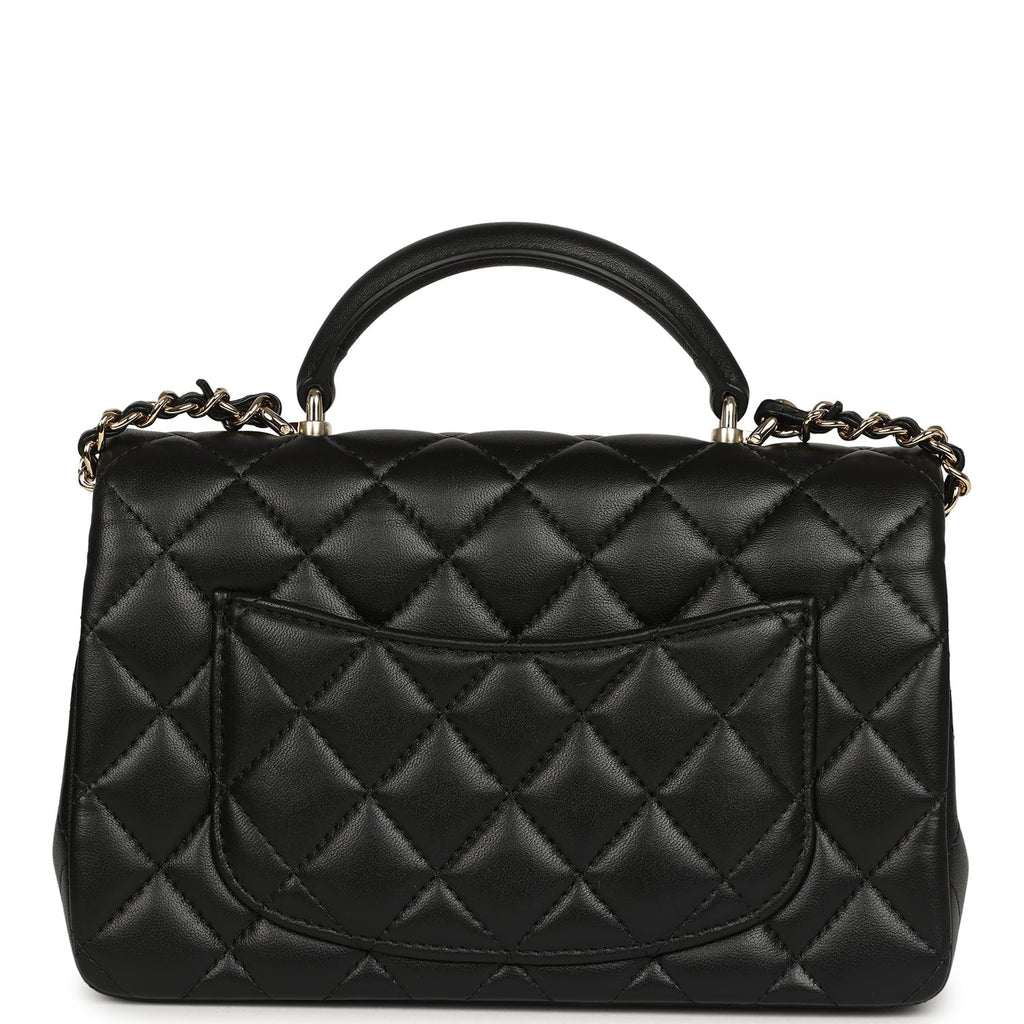 Chanel Mini Rectangular Top Handle Flap Bag Black Lambskin Light Gold Hardware
