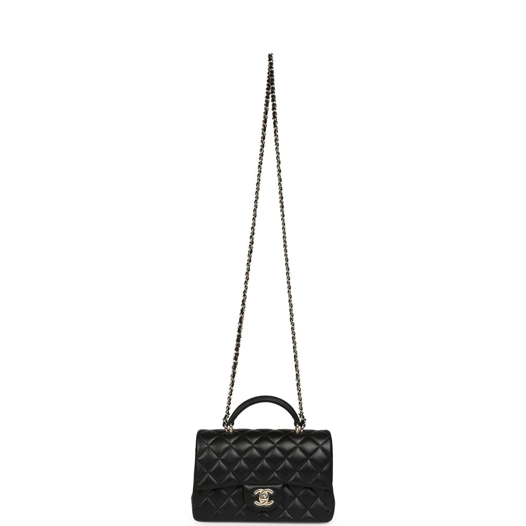 Chanel Mini Rectangular Top Handle Flap Bag Black Lambskin Light Gold Hardware