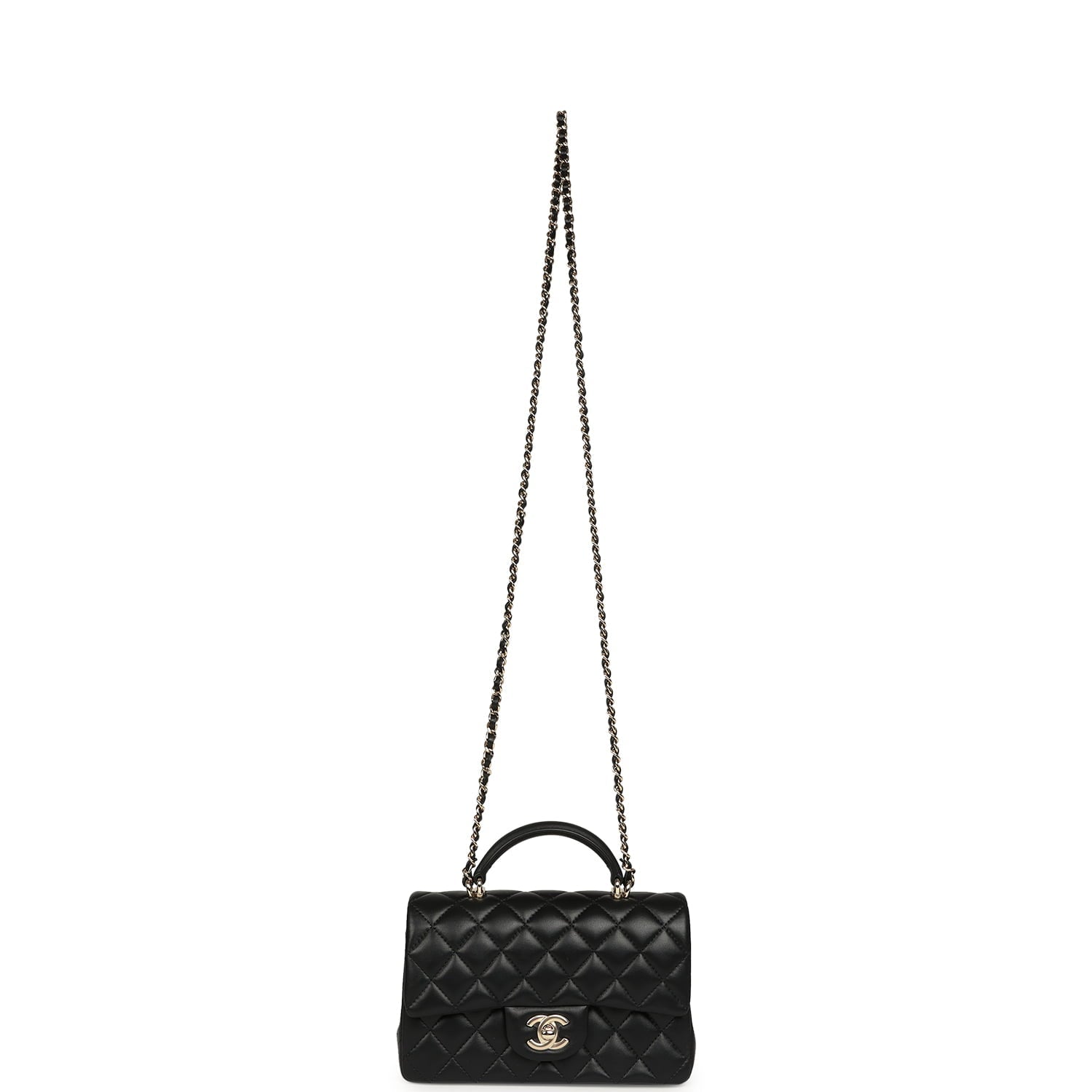 Chanel Mini Rectangular Top Handle Flap Bag Black Lambskin Light Gold Hardware