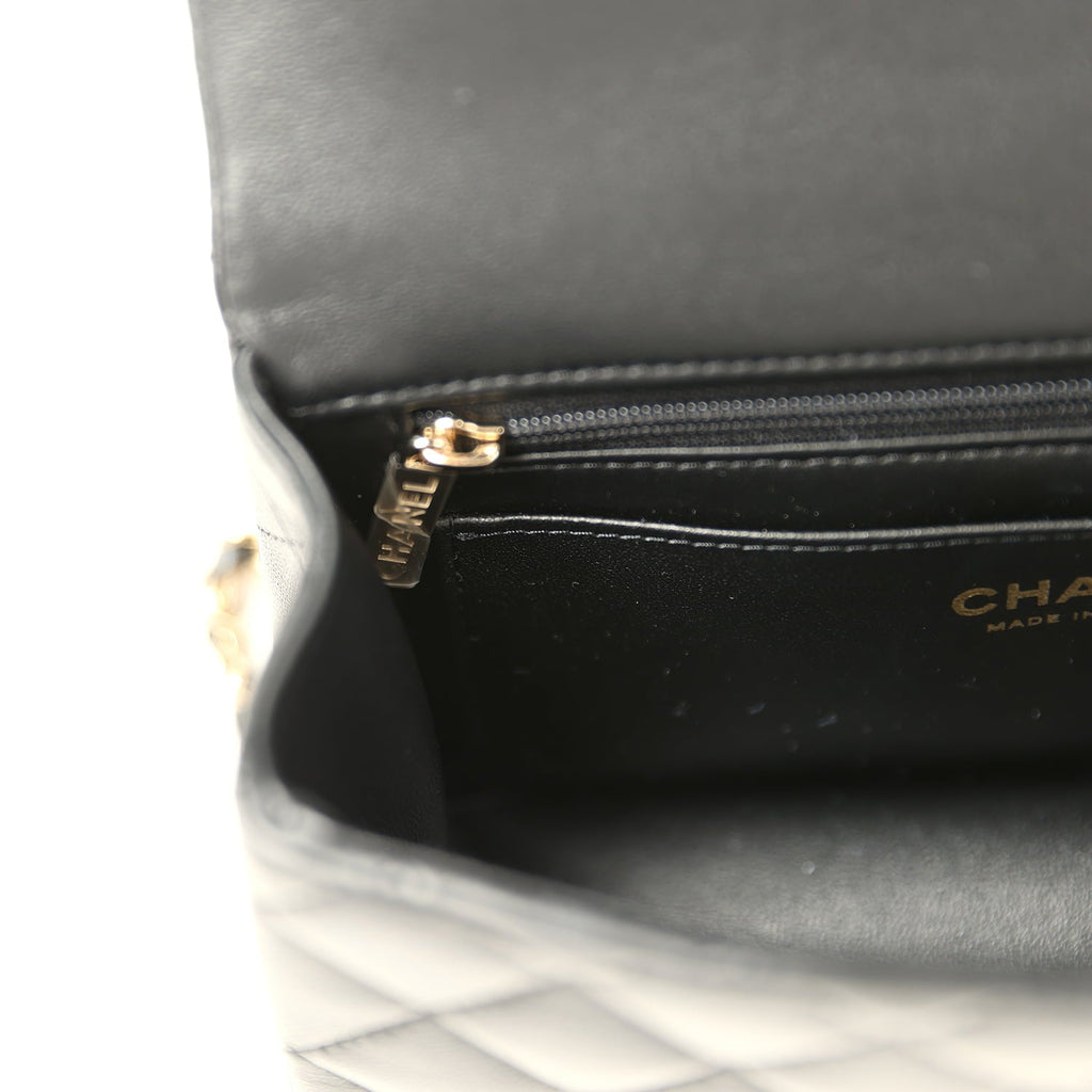 Chanel Mini Rectangular Top Handle Flap Bag Black Lambskin Light Gold Hardware