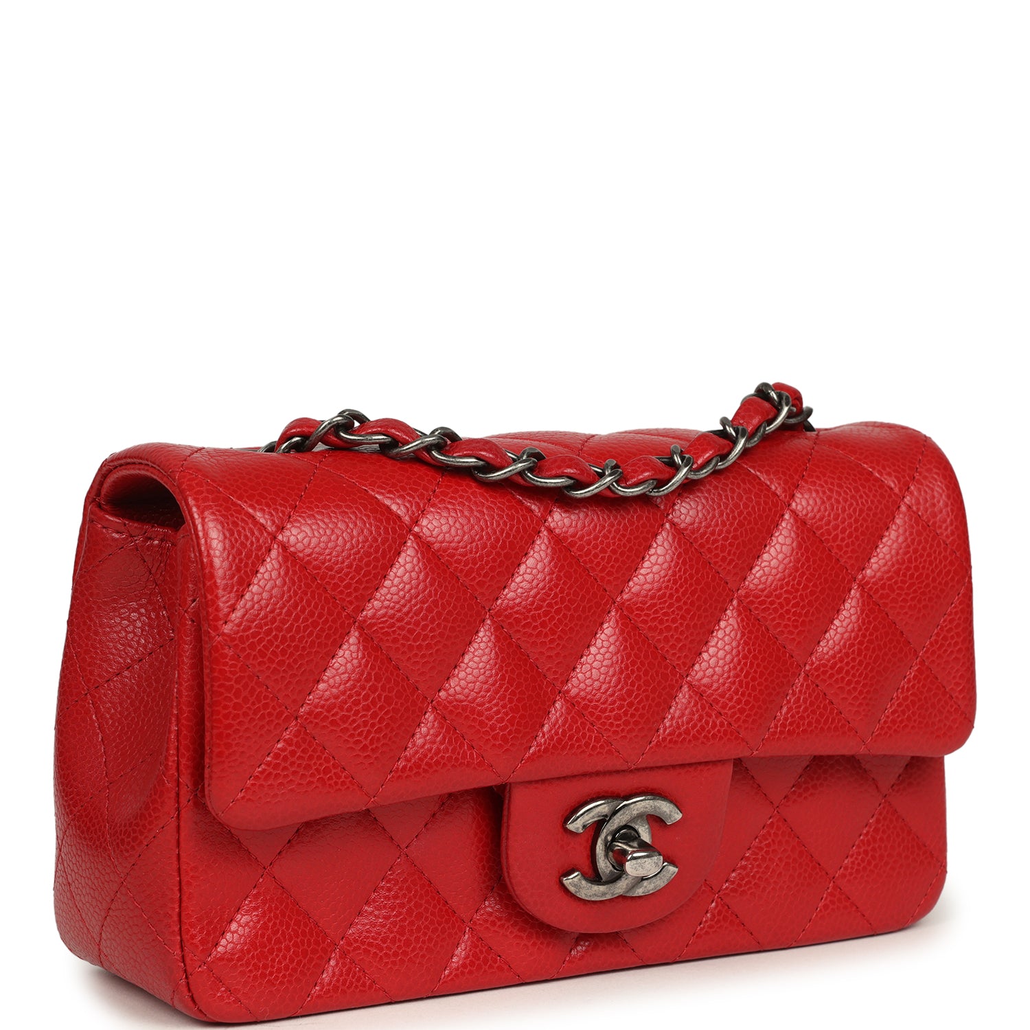 Pre-owned Chanel Mini Classic Rectangular Flap Bag Red Caviar Aged Ruthenium Hardware