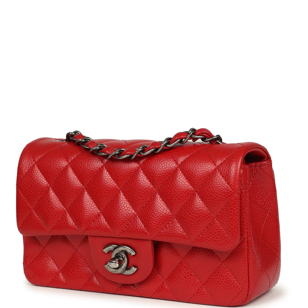 Pre-owned Chanel Mini Classic Rectangular Flap Bag Red Caviar Aged Ruthenium Hardware
