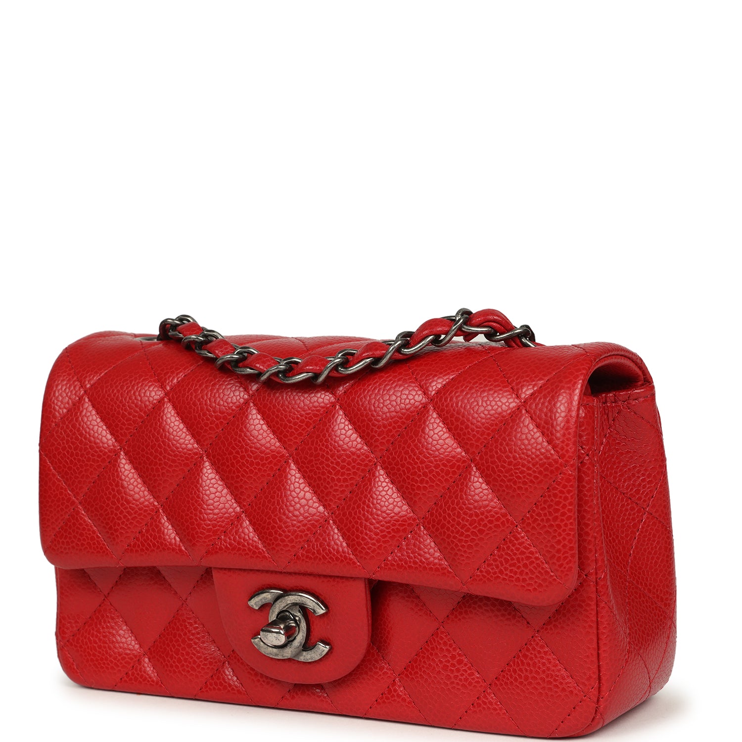 Pre-owned Chanel Mini Classic Rectangular Flap Bag Red Caviar Aged Ruthenium Hardware