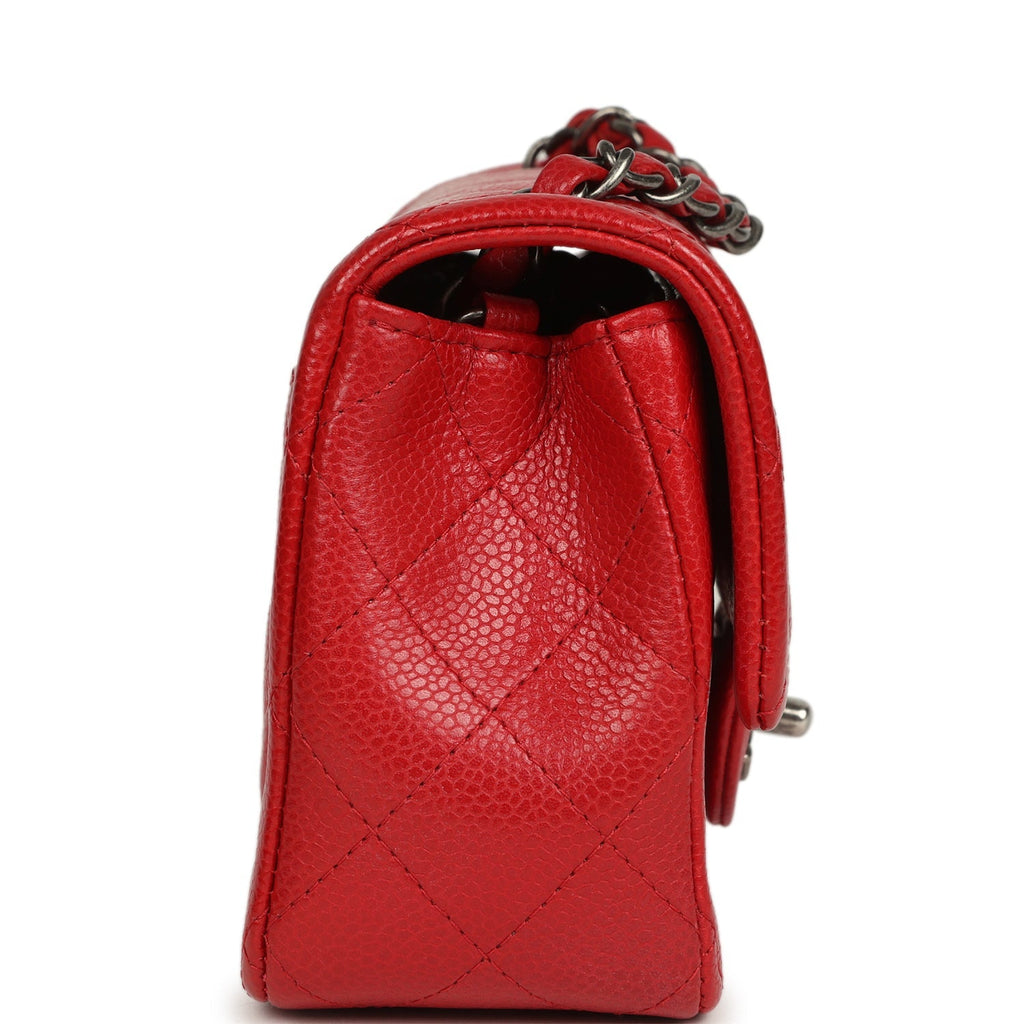 Pre-owned Chanel Mini Classic Rectangular Flap Bag Red Caviar Aged Ruthenium Hardware