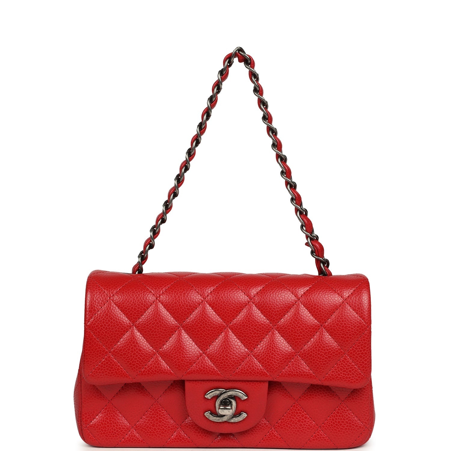 Pre-owned Chanel Mini Classic Rectangular Flap Bag Red Caviar Aged Ruthenium Hardware