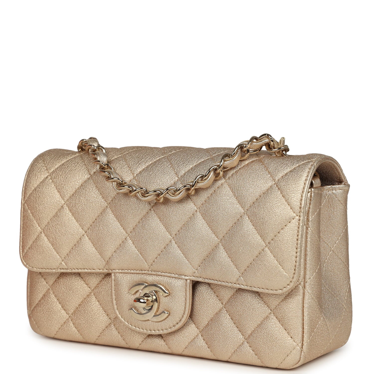 Chanel Mini Classic Rectangular Flap Bag Gold Grained Lambskin Caviar Light Gold Hardware
