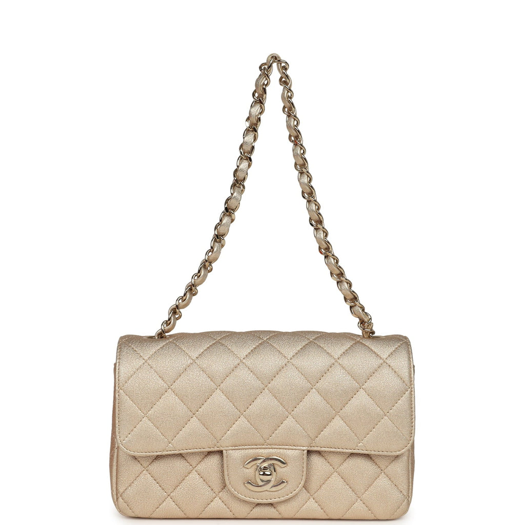 Chanel Mini Classic Rectangular Flap Bag Gold Grained Lambskin Caviar Light Gold Hardware