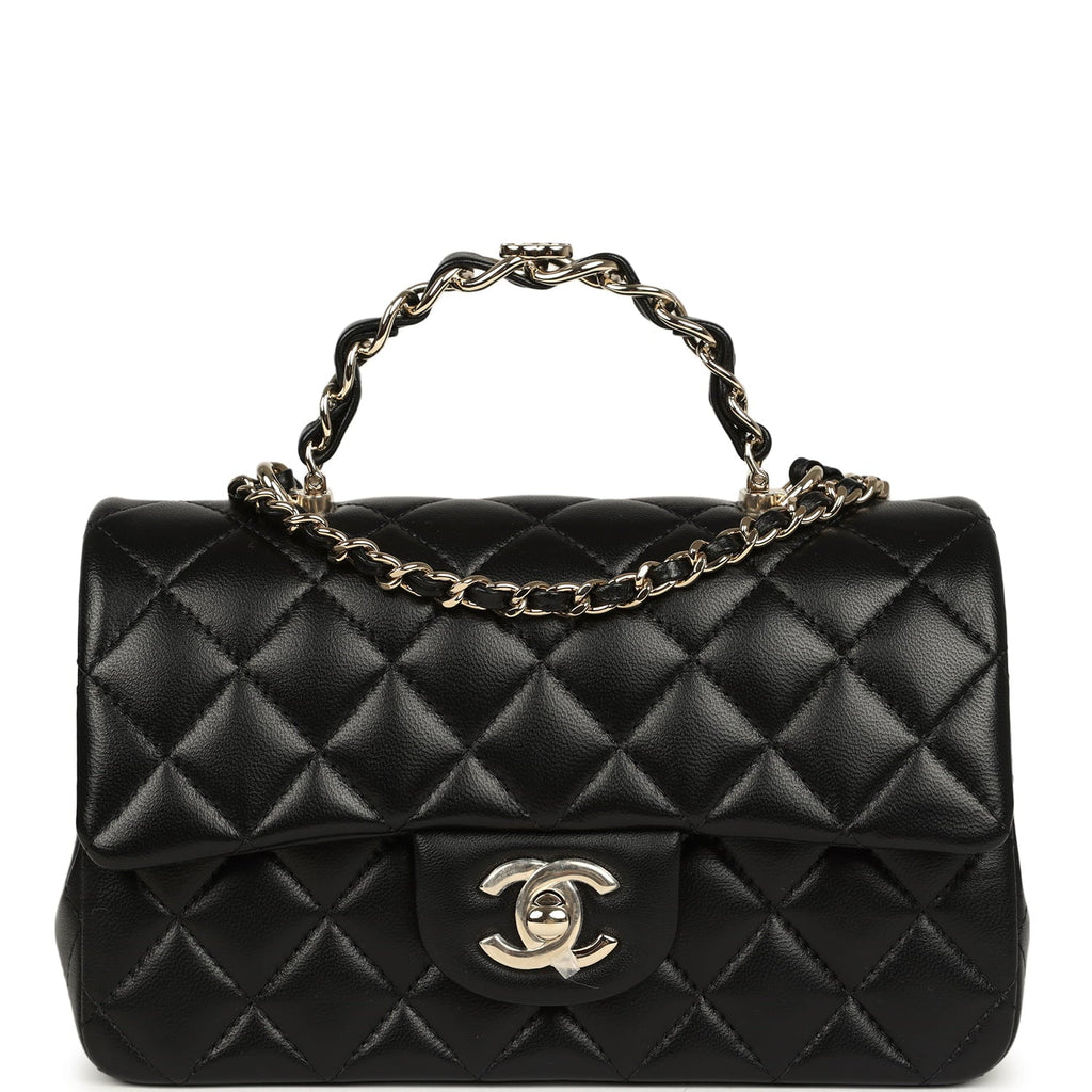 Chanel Mini Classic Rectangular Top Handle Flap Bag Black Lambskin Light Gold Hardware