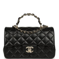 Chanel Mini Classic Rectangular Top Handle Flap Bag Black Lambskin Light Gold Hardware