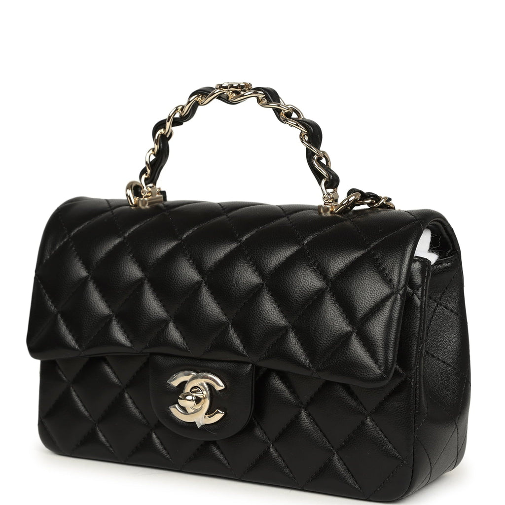 Chanel Mini Classic Rectangular Top Handle Flap Bag Black Lambskin Light Gold Hardware