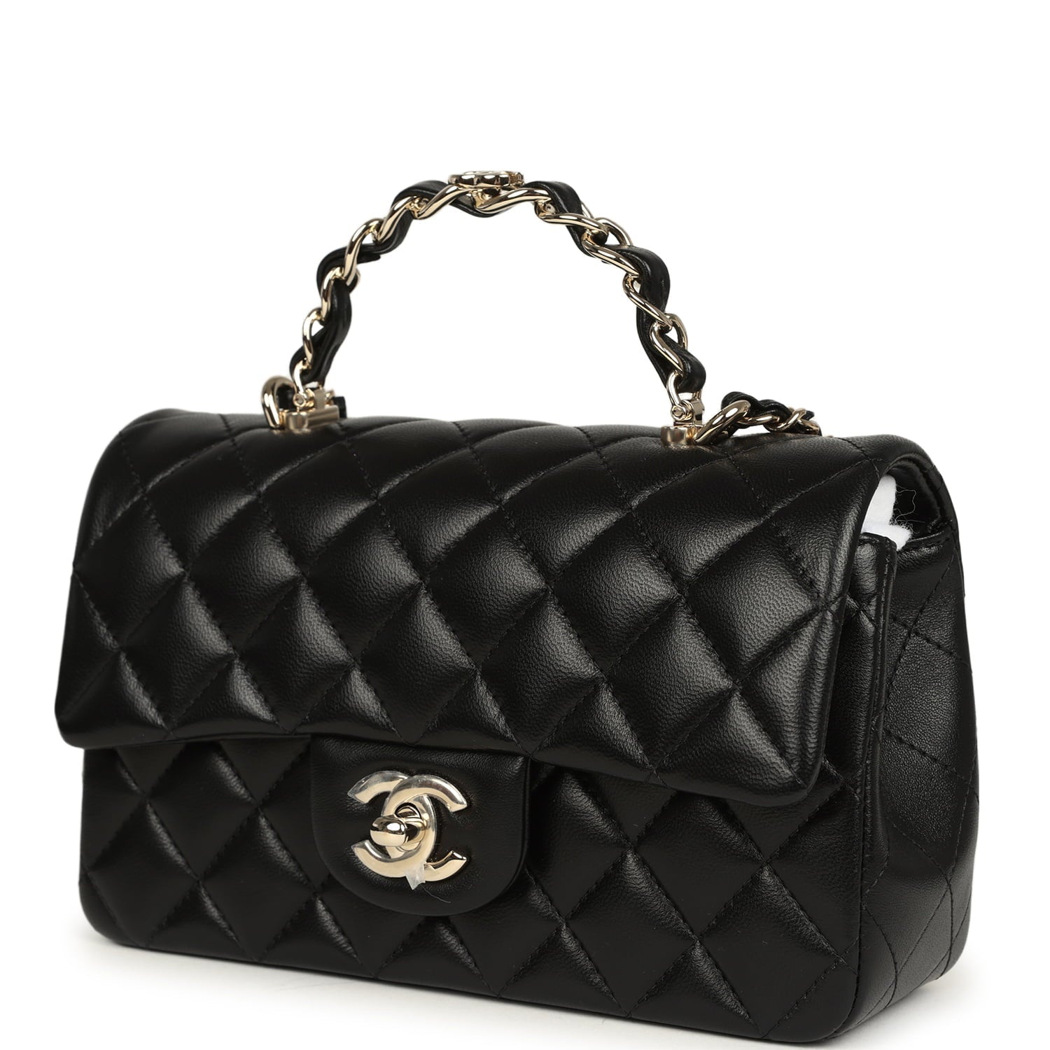 Chanel Mini Classic Rectangular Top Handle Flap Bag Black Lambskin Light Gold Hardware