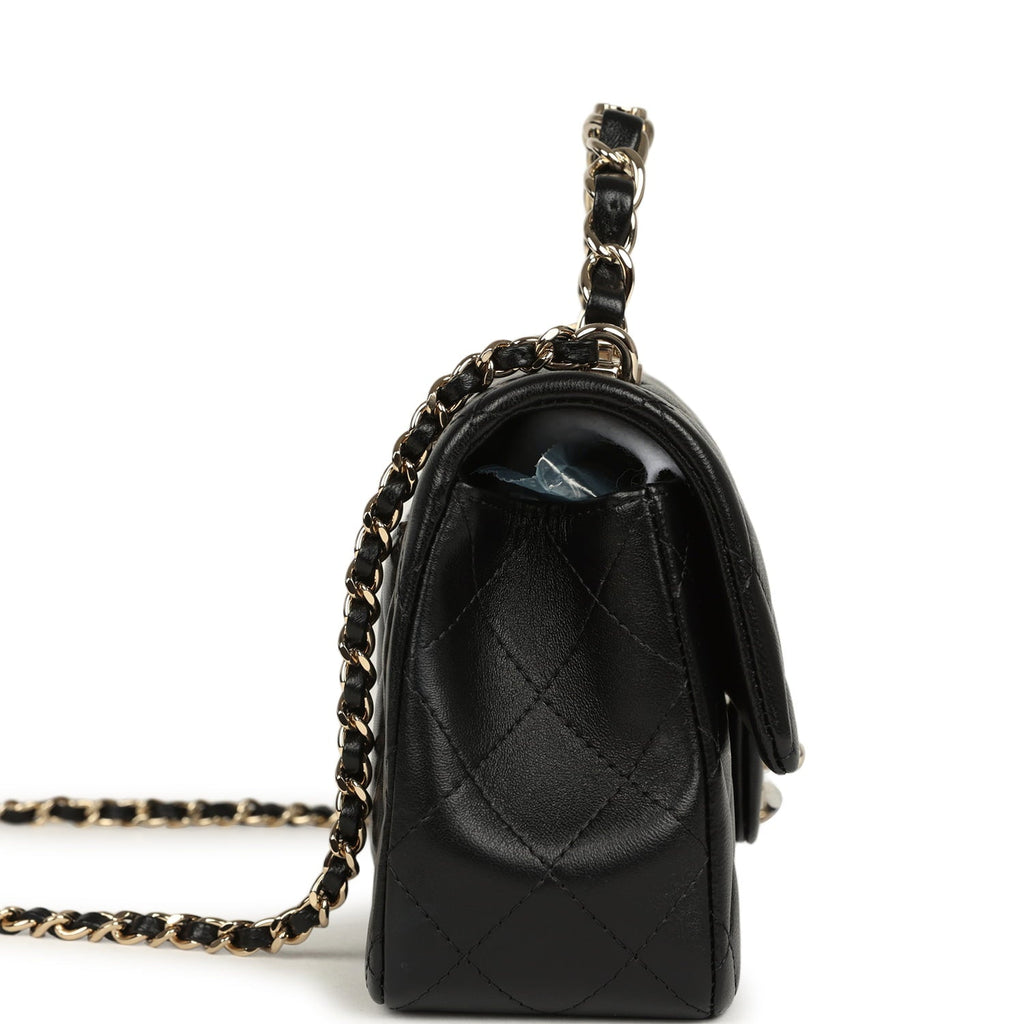 Chanel Mini Classic Rectangular Top Handle Flap Bag Black Lambskin Light Gold Hardware