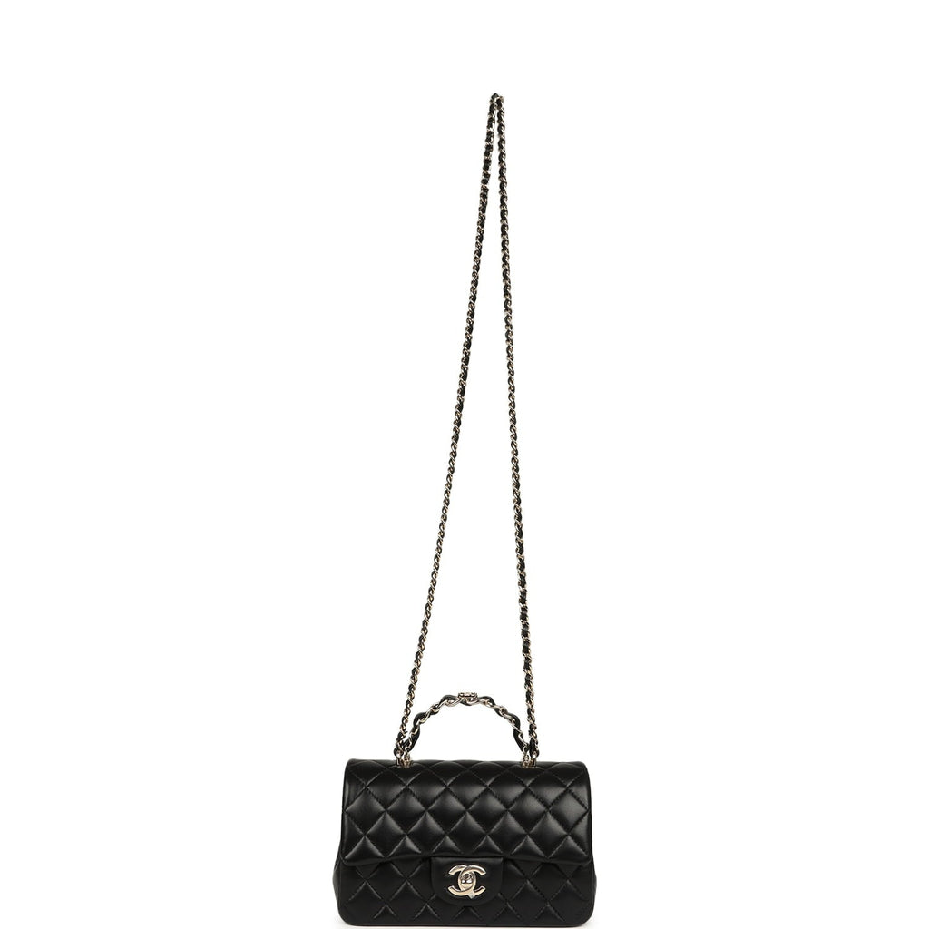 Chanel Mini Classic Rectangular Top Handle Flap Bag Black Lambskin Light Gold Hardware
