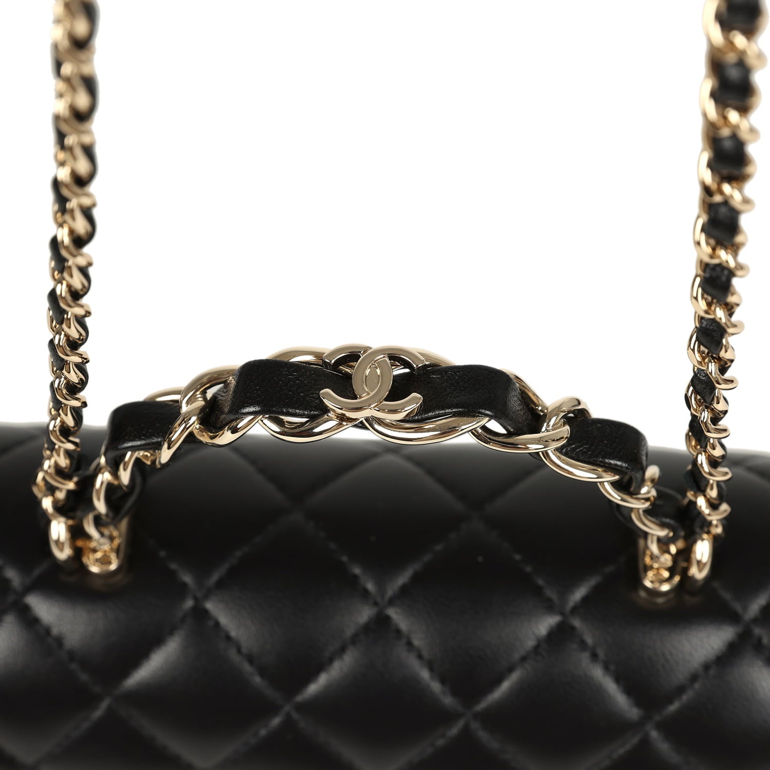 Chanel Mini Classic Rectangular Top Handle Flap Bag Black Lambskin Light Gold Hardware