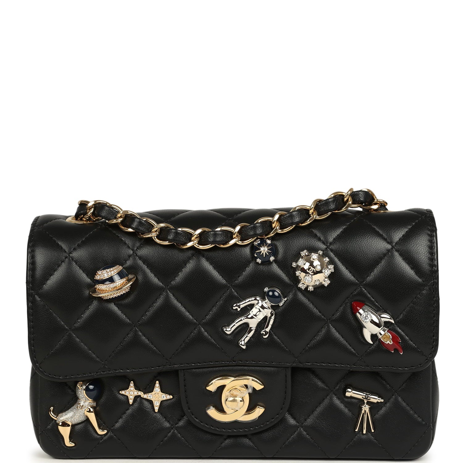 Chanel Mini Classic "Space Charms" Rectangular Flap Bag Black Lambskin Gold Hardware