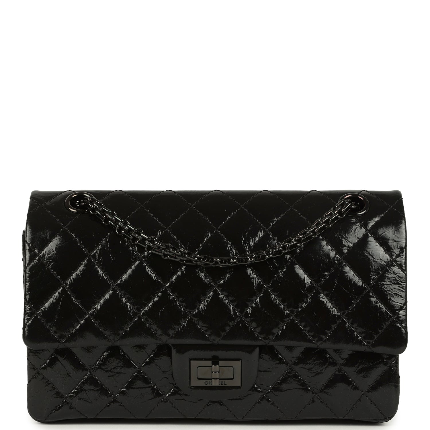 Pre-owned Chanel Small Reissue 225 2.55 Double Flap Bag So Black Shiny Crumpled Calfskin Black Hardware