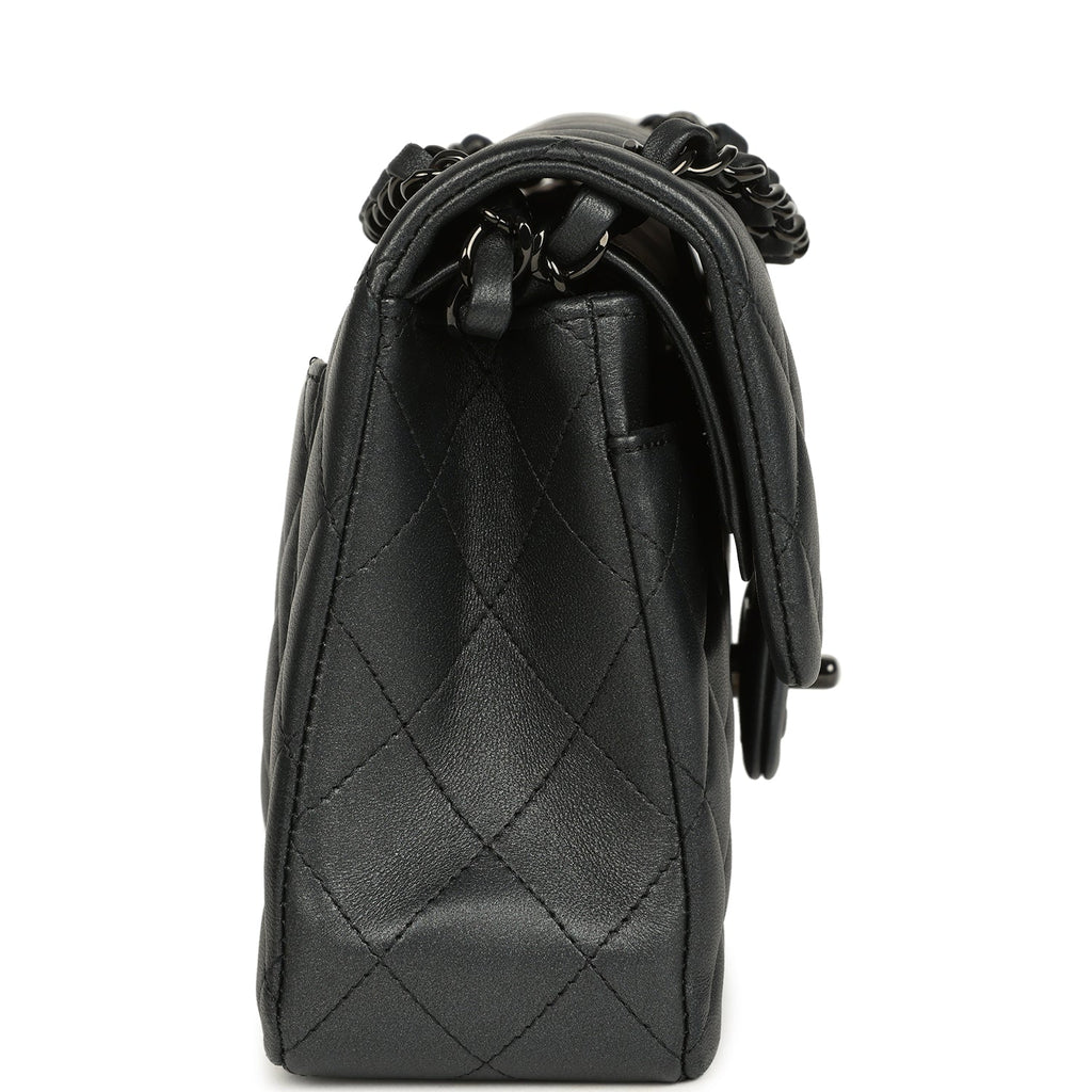 Pre-owned Chanel Small Classic Double Flap Bag So Black Iridescent Lambskin Black Hardware