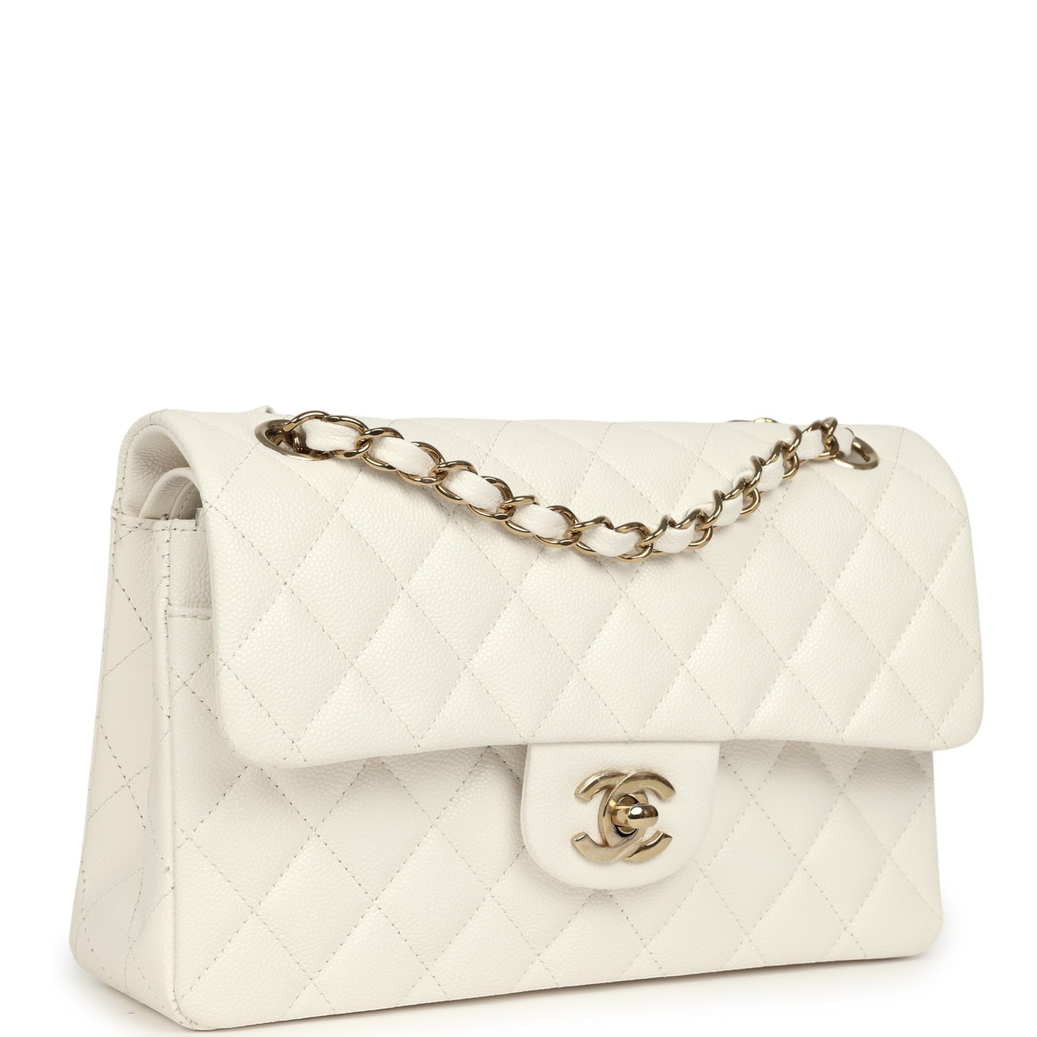 Chanel Small Classic Double Flap Bag Off White Shiny Caviar Light Gold Hardware